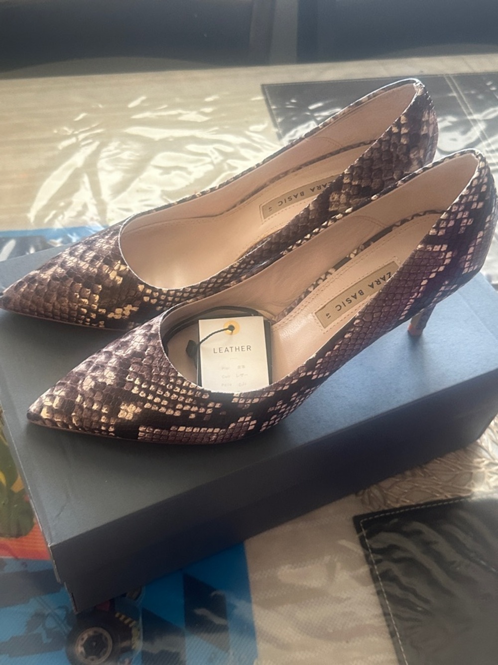 Zara Snake-Print Pointed Toe Pumps in Brown and Cream